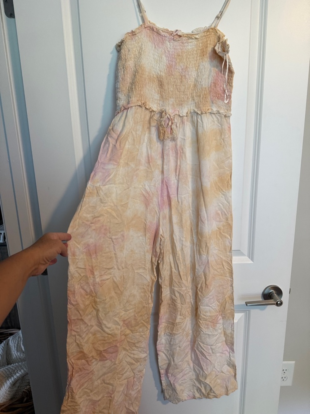 Smocked Tie-Dye Wide-Leg Jumpsuit in Pastel Pink and Cream